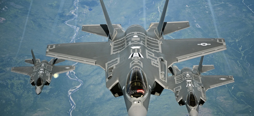 F-35A Lightning II aircraft receive fuel from a KC-10 Extender from Travis Air Force Base, Calif., on July 13, 2015.