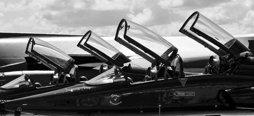 The Air Force’s T-X program aims to replace the aging T-38 Talon training jet. Here, a pair of two-seat T-38s sits at Base Operations at Minot Air Force Base, N.D.