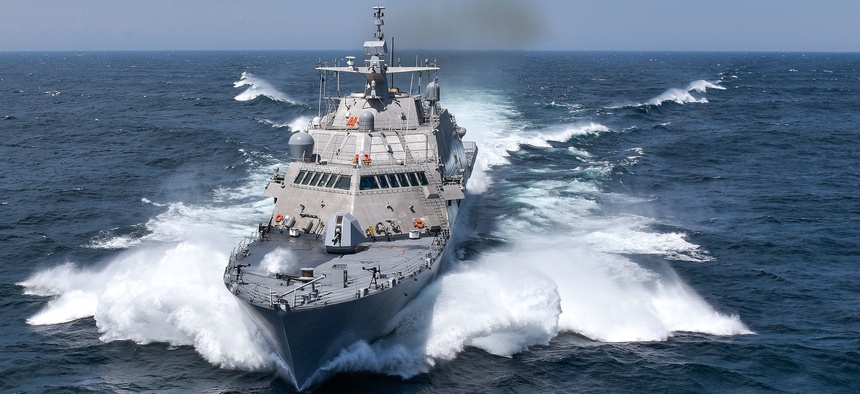 The USS Detroit (LCS 7), one of the United States Navy's newest warships, during trials near Marinette, Wisc., July 14, 2016.