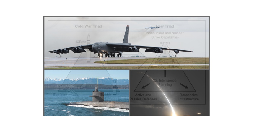 The U.S. nuclear triad: clockwise from top, B-52 Stratofortress strategic bombers (Sept '16), a Minuteman III land-based intercontinental ballistic missile test launch (Sept '16), and the Ohio-class ballistic-missile sub USS Henry M. Jackson (Feb '17).