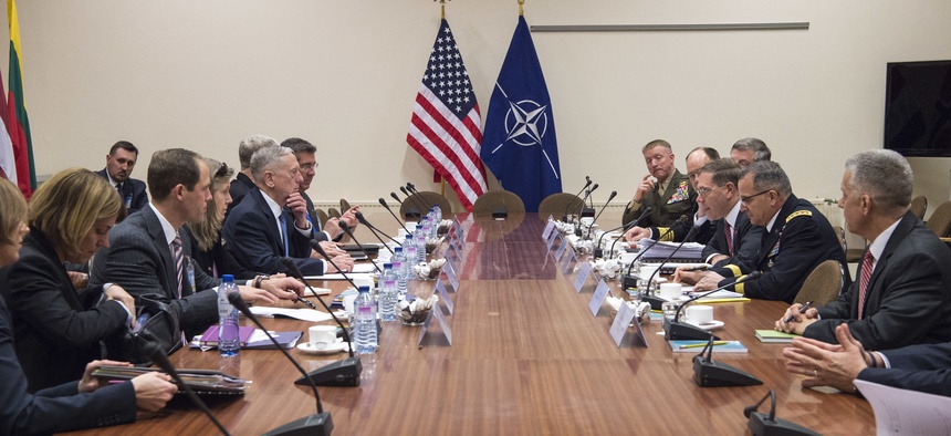 Secretary of Defense Jim Mattis meets with members of the U.S. mission at the NATO Headquarters in Brussels, Belgium, Feb. 15, 2017.