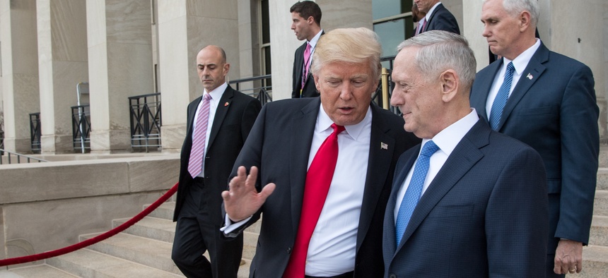 President Donald J. Trump departs from the Pentagon alongside Secretary of Defense James Mattis on Jan. 27, 2017, in Washington, D.C.