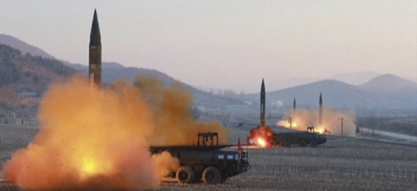 In this image made from video released by KRT on Tuesday, March 7, 2017, North Korea launches four missiles in an undisclosed location North Korea.