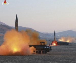 In this image made from video released by KRT on Tuesday, March 7, 2017, North Korea launches four missiles in an undisclosed location North Korea. 