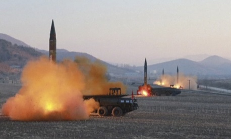 In this image made from video released by KRT on Tuesday, March 7, 2017, North Korea launches four missiles in an undisclosed location North Korea. 