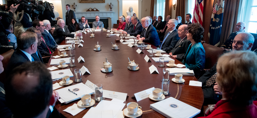 President Donald Trump meets with his Cabinet in the Cabinet Room of the White House in Washington, Monday, March 13, 2017.