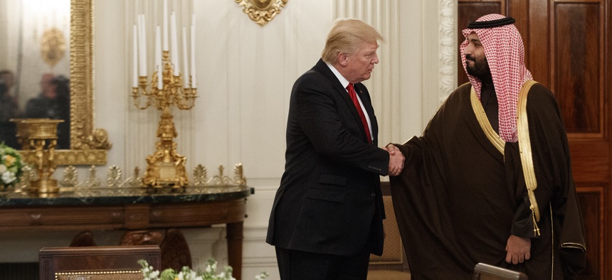President Donald Trump welcomes Saudi Defense Minister and Deputy Crown Prince Mohammed bin Salman to the White House, Tuesday, March 14, 2017.