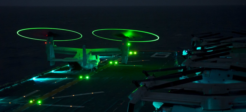 An MV-22B Osprey takes off aboard the amphibious assault ship USS Bonhomme Richard (LHD 6) in the Philippine Sea, March 10, 2017.