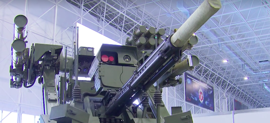 n armed ground tank robot called the Vikhr, or "Whirlwind," on display at the 2nd annual Military & Scientific Robotic Conference at Patriot Center in Moscow.