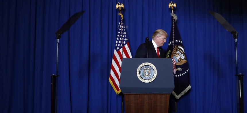 President Donald Trump announces U.S. military strikes on Syria, speaking from Mar-a-Lago in Palm Beach, Fla., Thursday, April 6, 2017.
