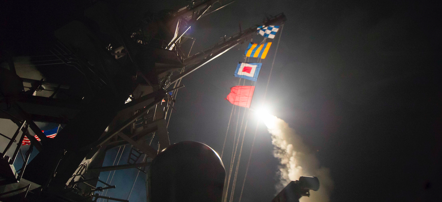 One of the first of the 59 Tomahawk cruise missiles the U.S. launched from the USS Ross and USS Porter in the Mediterranean at Shayrat Airfield in Syria.