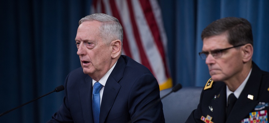 Secretary of Defense Jim Mattis and U.S. Army Gen. Joseph Votel, the commander of U.S. Central Command, brief the press at the Pentagon in Washington, D.C., April 11, 2017.
