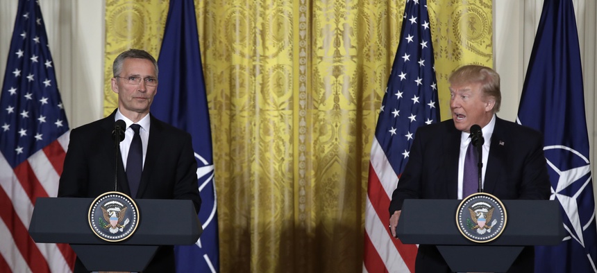 President Donald Trump and NATO Secretary General Jens Stoltenberg spoke at a joint news conference in the East Room of the White House Wednesday.