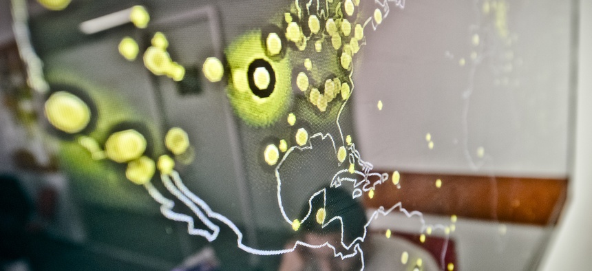 A map of the United States displayed on a computer screen shows cyber attacks in real time at the headquarters of Bitdefender, a leading Romanian cyber security company, in Bucharest, Romania, March 5, 2015.