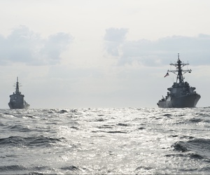 The Arleigh Burke-class guided-missile destroyer USS Fitzgerald (DDG 62) conducts a bilateral training exercise with the Japanese Maritime Self-Defense Force Kongou class guided-missile destroyer JS Choukai (DDG 176), April 25, 2017.