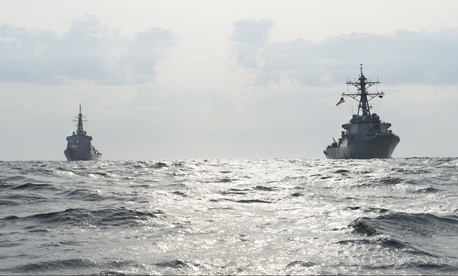 The Arleigh Burke-class guided-missile destroyer USS Fitzgerald (DDG 62) conducts a bilateral training exercise with the Japanese Maritime Self-Defense Force Kongou class guided-missile destroyer JS Choukai (DDG 176), April 25, 2017.