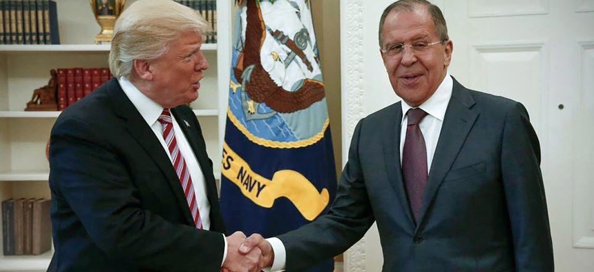 US President Donald Trump shakes hands with Russian Foreign Minister Sergey Lavrov in the White House in Washington, Wednesday, May 10, 2017.