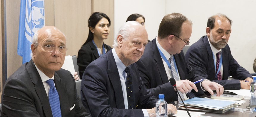 UN Special Envoy for Syria Staffan de Mistura, second from left, and other diplomats attended peace talks in Geneva, Switzerland, in March 2017.