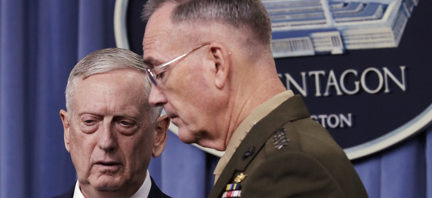 Defense Secretary Jim Mattis and Joint Chiefs Chairman Gen. Joseph Dunford Jr., lay out President Trump's ISIS war plans, at the Pentagon, Friday, May 19, 2017.