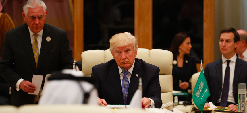 U.S. President Donald Trump participates in a meeting with leaders at the Gulf Cooperation Council Summit, at the King Abdulaziz Conference Center, Sunday, May 21, 2017, in Riyadh, Saudi Arabia.