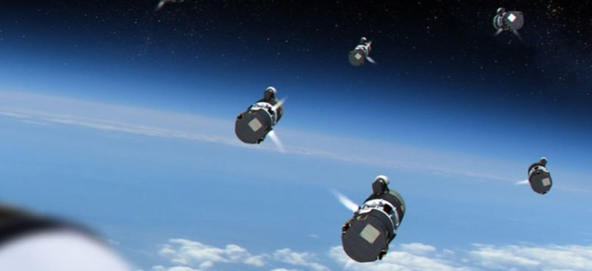 Artist's conception of the Multi-Object Kill Vehicle deploying to attack an incoming missile.