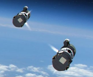 Artist's conception of the Multi-Object Kill Vehicle deploying to attack an incoming missile.