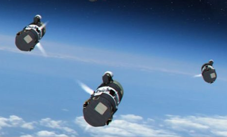 Artist's conception of the Multi-Object Kill Vehicle deploying to attack an incoming missile.