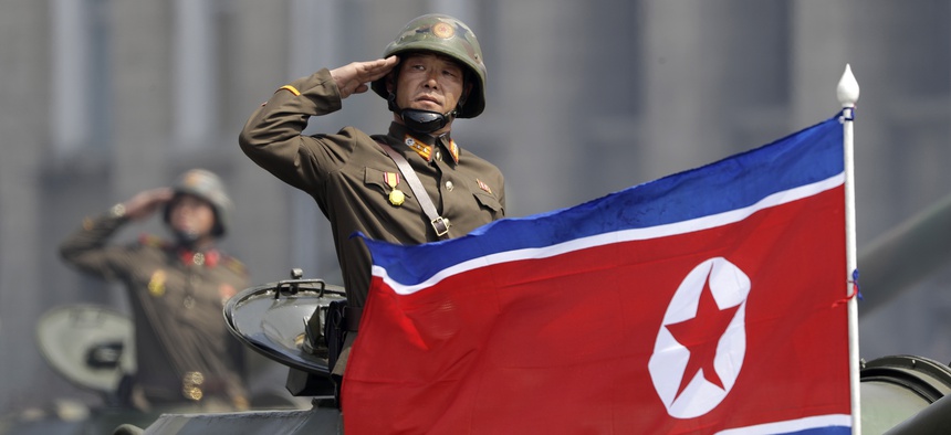 Soldiers in tanks are paraded across Kim Il Sung Square during a military parade on Saturday, April 15, 2017, in Pyongyang, North Korea.