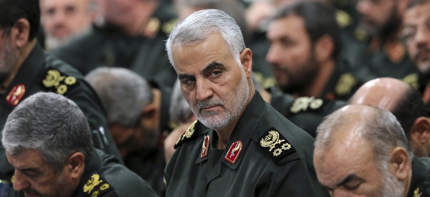 Revolutionary Guard Gen. Qassem Soleimani, center, attends a Sept. 2016 meeting with Supreme Leader Ayatollah Ali Khamenei and Revolutionary Guard commanders in Tehran, Iran.