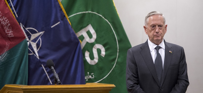 Defense Sec. Jim Mattis on his first visit in office to Resolute Support headquarters in Kabul, Afghanistan, April 24, 2017.