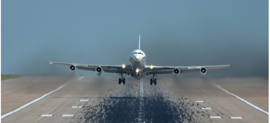 An OC-135B Open Skies aircraft takes flight on Aug. 13, at Offutt AFB, Neb.