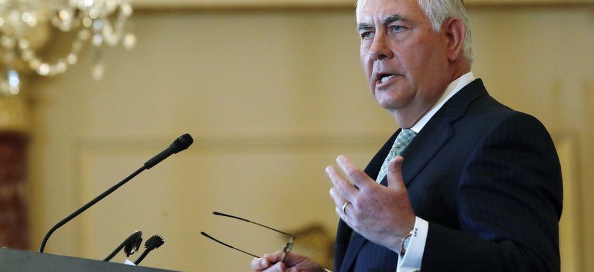 In this June 27, 2017, file photo, Secretary of State Rex Tillerson speaks at a 2017 Trafficking in Persons Report ceremony at the State Department in Washington.