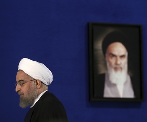 Iranian President Hassan Rouhani leaves at the conclusion of his press conference in Tehran, Iran, Monday, May 22, 2017. Iranian President Hassan Rouhani leaves at the conclusion of his press conference in Tehran, Iran, Monday, May 22, 2017.