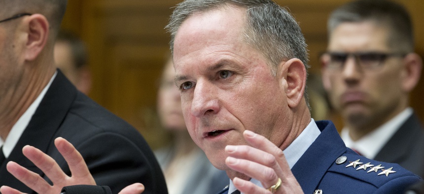 Air Force Chief of Staff Gen. David L. Goldfein testifies on Capitol Hill in Washington, Wednesday, April 5, 2017, before the House Armed Services Committee hearing.