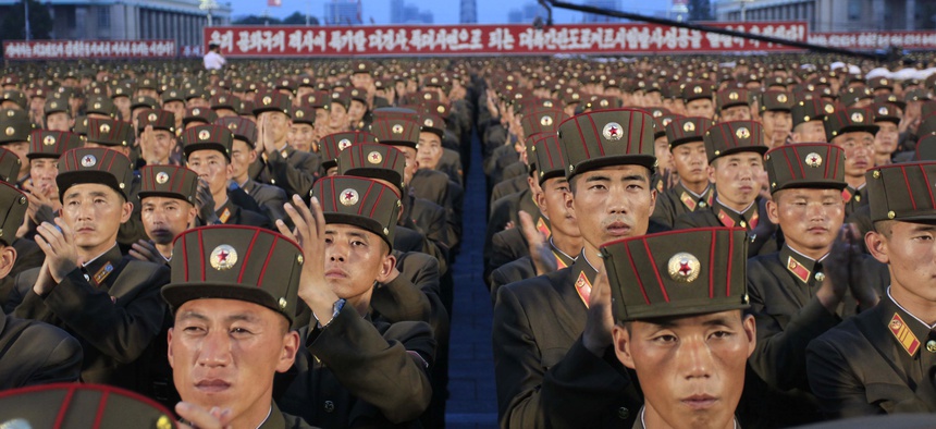 In this Thursday, July 6, 2017, file photo, soldiers gather in Kim Il Sung Square in Pyongyang, North Korea, to celebrate the test launch of North Korea's first intercontinental ballistic missile two days earlier.