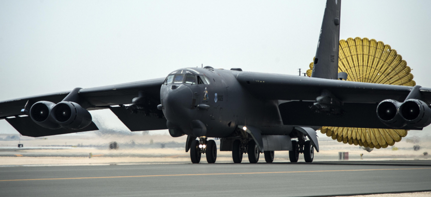 A U.S. Air Force B-52 Stratofortress arrives at Al Udeid Air Base, Qatar, April 9, 2016, for Operation Inherent Resolve.