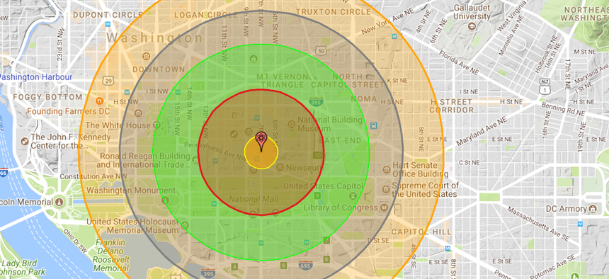 A depiction of what a 20 Kiloton bomb would do to Washington, DC