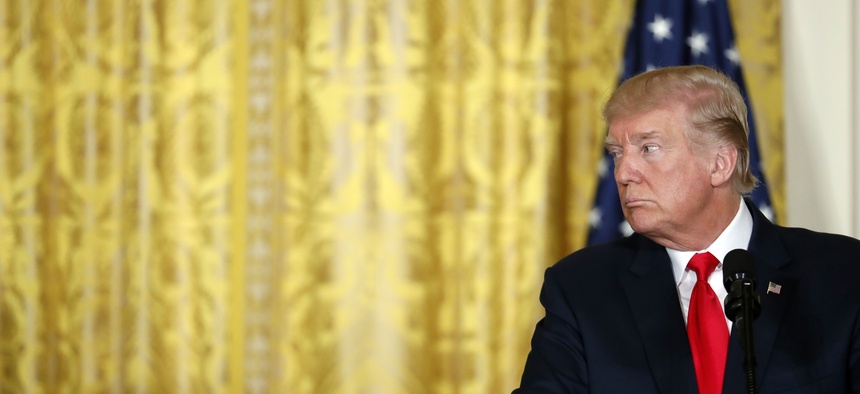 President Donald Trump at a news conference in the East Room of the White House, Aug. 28, 2017.