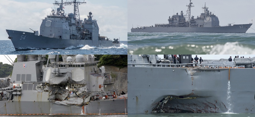 This combination of file photos show U.S. Navy ships the USS Antietam, top left; the USS Lake Champlain, top right; the USS Fitzgerald, bottom left; and the USS John S. McCain.