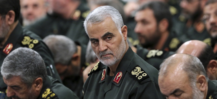 Revolutionary Guard Gen. Qassem Soleimani, center, attends a meeting with Supreme Leader Ayatollah Ali Khamenei, Sep, 16, 2016.