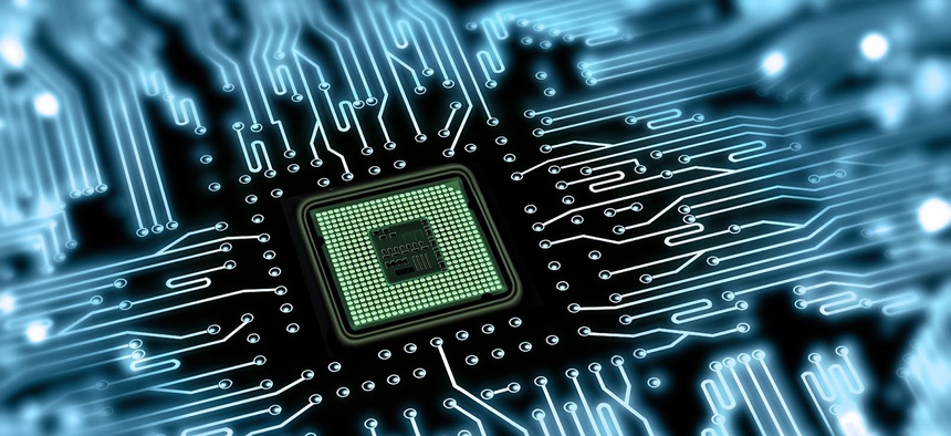 An artist rendering of a microchip.