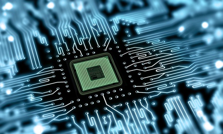 An artist rendering of a microchip. An artist rendering of a microchip.