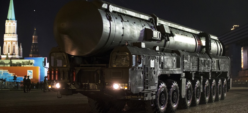 ussian army The RS-24 Yars ballistic missile make their way through the Red Square during a rehearsal for the Victory Day military parade which will take place at Moscow's Red Square, May 9, 2015.