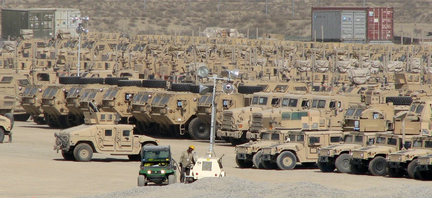 Equipment stands in a vehicle park at Bagram Airfield, Afghanistan, in 2017.