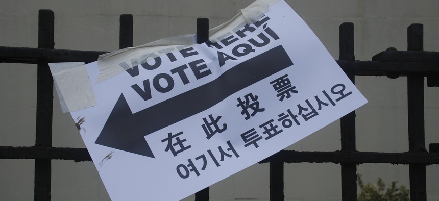 A voting sign in East Williamsburg, New York.