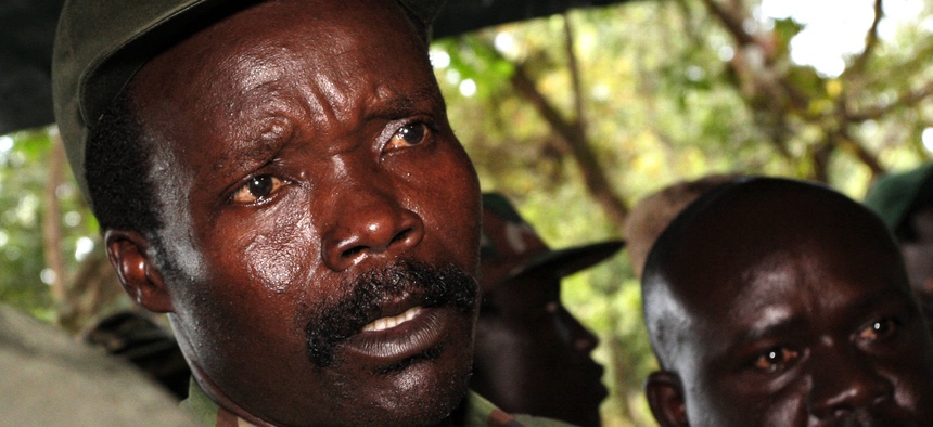 he leader of the Lord's Resistance Army Joseph Kony answers journalists' questions following a meeting with UN humanitarian chief Jan Egeland at Ri-Kwangba in southern Sudan. Nov. 2006