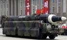 In this April 15, 2017, file photo, an unidentified missile that analysts believe could be the North Korean Hwasong 12 is paraded in Kim Il Sung Square in Pyongyang, North Korea.