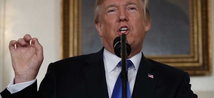 President Donald Trump makes a statement on Iran policy in the Diplomatic Reception Room of the White House on Oct. 13, 2017, in Washington.