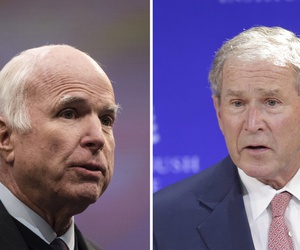 Left, Sen. John McCain, R-Ariz., speaks in Philadelphia on Oct. 16, 2017. Right, former U.S. President George W. Bush speaks in New York on Oct. 19, 2017. Left, Sen. John McCain, R-Ariz., speaks in Philadelphia on Oct. 16, 2017. Right, former U.S. President George W. Bush speaks in New York on Oct. 19, 2017.