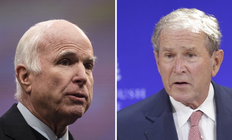 Left, Sen. John McCain, R-Ariz., speaks in Philadelphia on Oct. 16, 2017. Right, former U.S. President George W. Bush speaks in New York on Oct. 19, 2017. Left, Sen. John McCain, R-Ariz., speaks in Philadelphia on Oct. 16, 2017. Right, former U.S. President George W. Bush speaks in New York on Oct. 19, 2017.